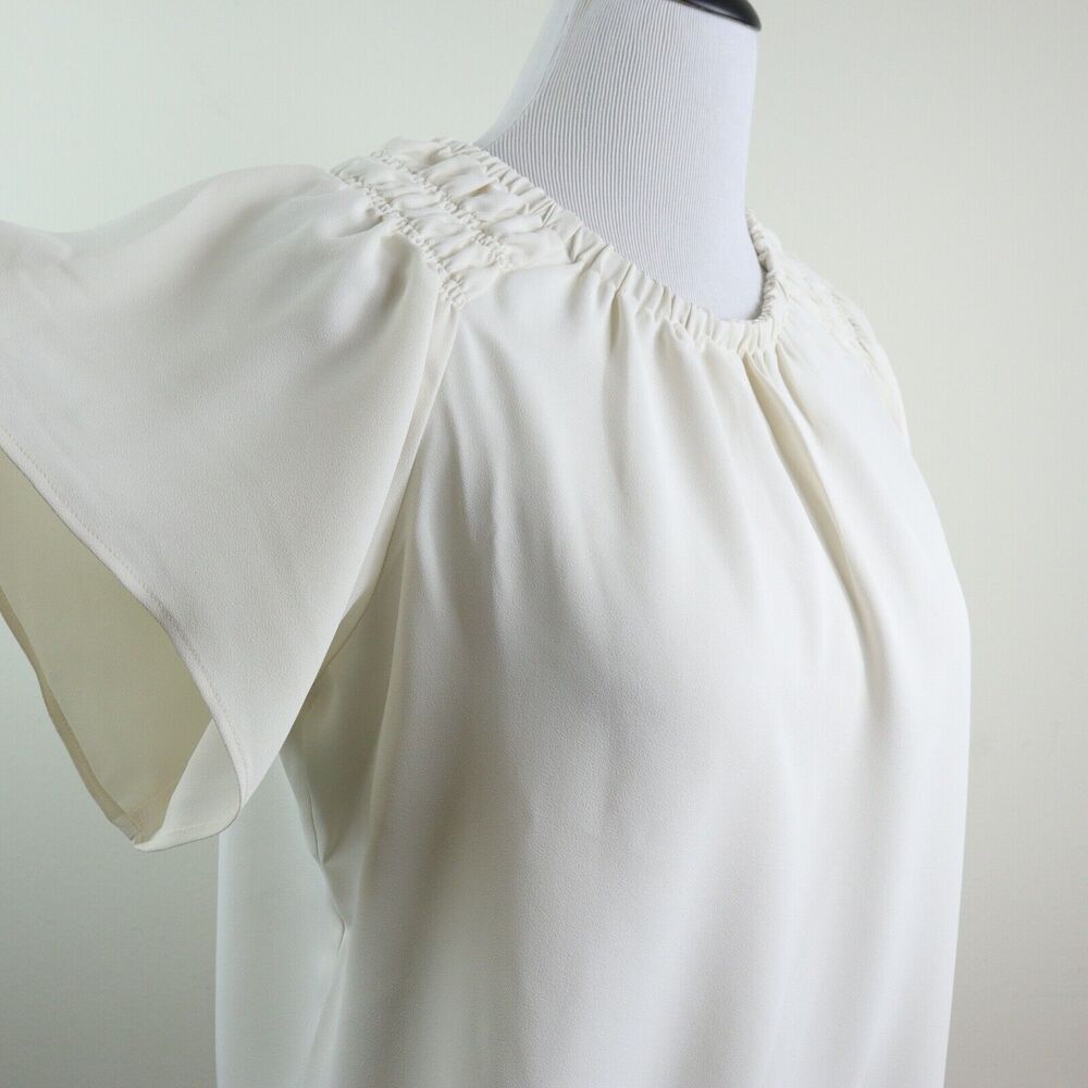 Ann Taylor Size Petite L Tiered Sleeve Boatneck Blouse Ivory Crepe - Picture 7 of 10